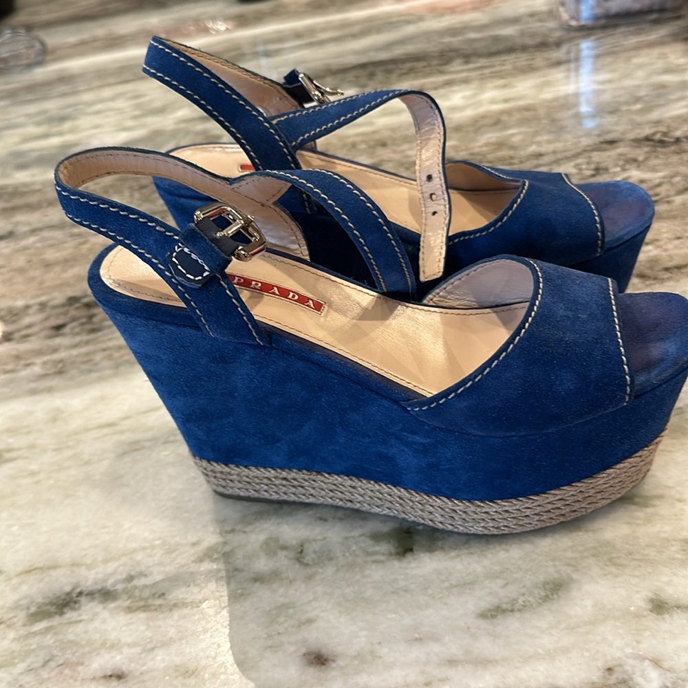 Prada Sports Suede Espadrilles sandals navy , platform, Mary lane strap & buckle - Picture 6 of 7